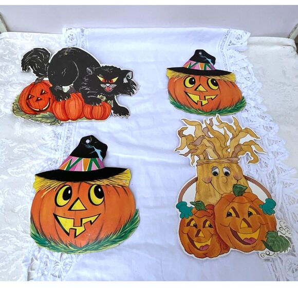 Other - 4 vintage Halloween window die cut paper decorations pumpkins, cat, hay stack